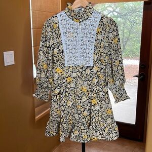 ELLISON Floral Smocked Mini Dress Black Mustard Ruffle High Neck Size Small